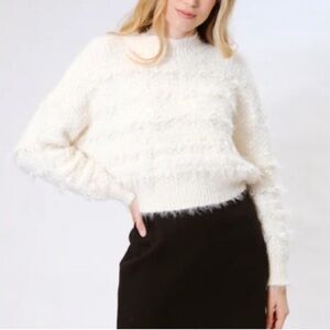 AREA STARS Women’s Mock Neck Long Sleeve Faux Fur Fringe Laila Sweater in Ivory